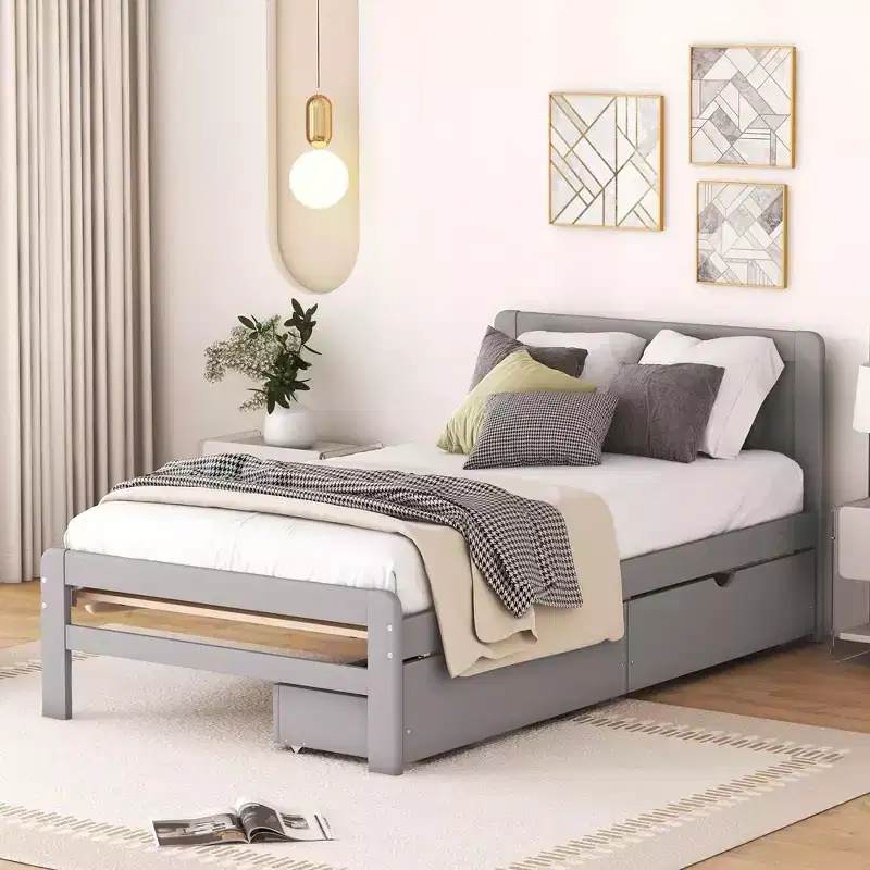 Twin Bed with 2 Trundle Storage Drawers, Platform Bed Frame with Headboard for Bedroom Small Living Space, No Box Spring Needed
