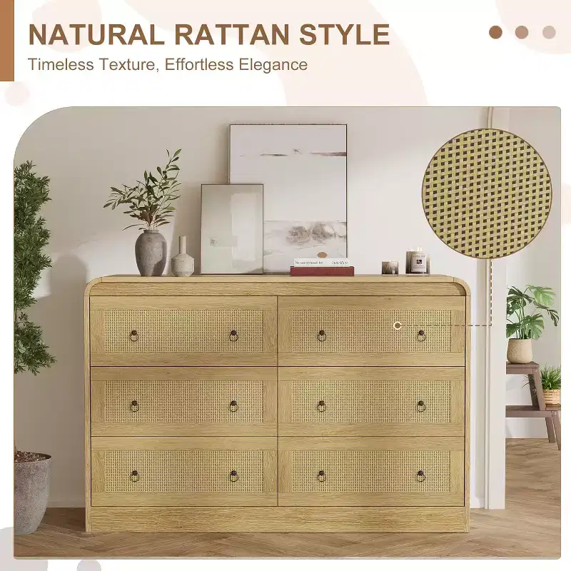 Acekool 31 Tall Rattan 6 Drawer Dresser Modern Chest of Drawers for Bedroom & Living Room