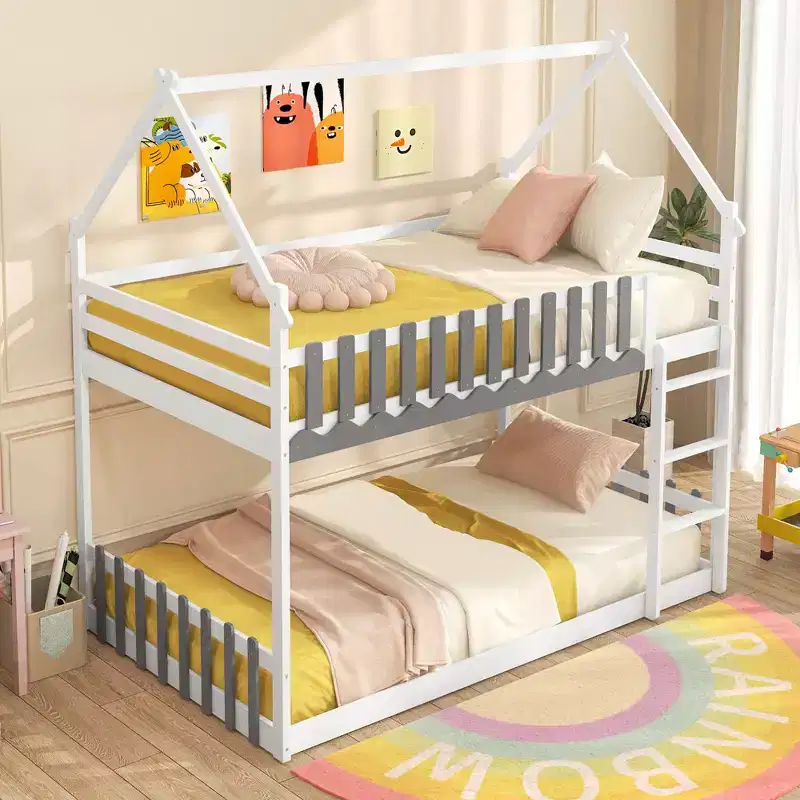 Costway Twin Over Twin Bunk Bed w/ Fence & Ladder Solid Wood Floor Bunk Bed for Kids White