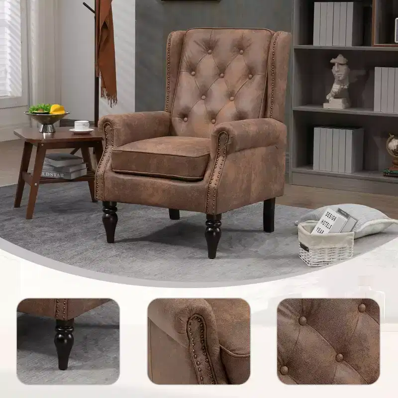 Wood Frame Armchair, Sturdy Wood Legs, Living Room Bedroom, Black PU