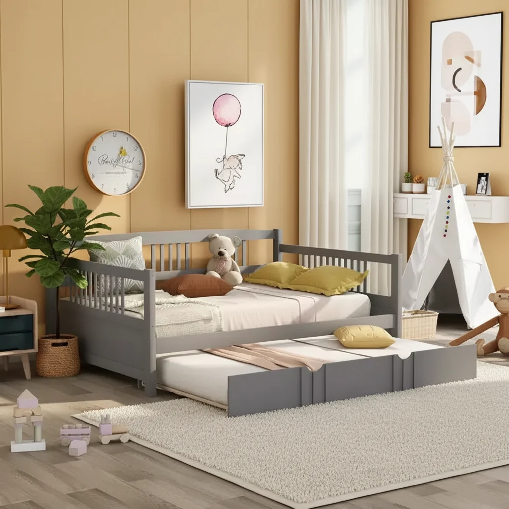 Full Size Daybed with Twin Trundle, Wood Platform Bed Frame with Guardrails, No Box Spring, Gray