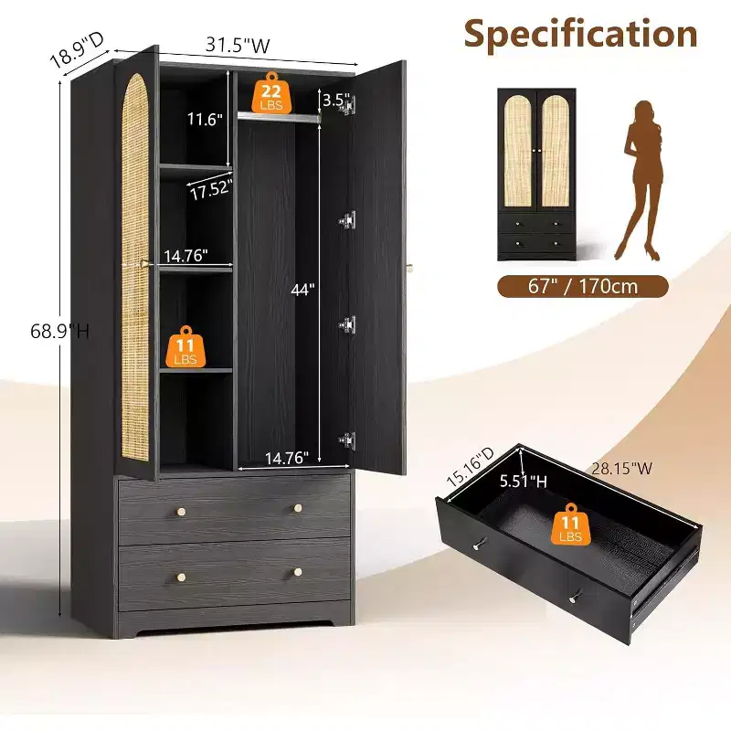 VINGLI Armoires Closet with Doors, Rattan Armoire Wardrobe Closet with Drawers & Hanging Rod, Armoire with Shelves, Wooden Wardrobe