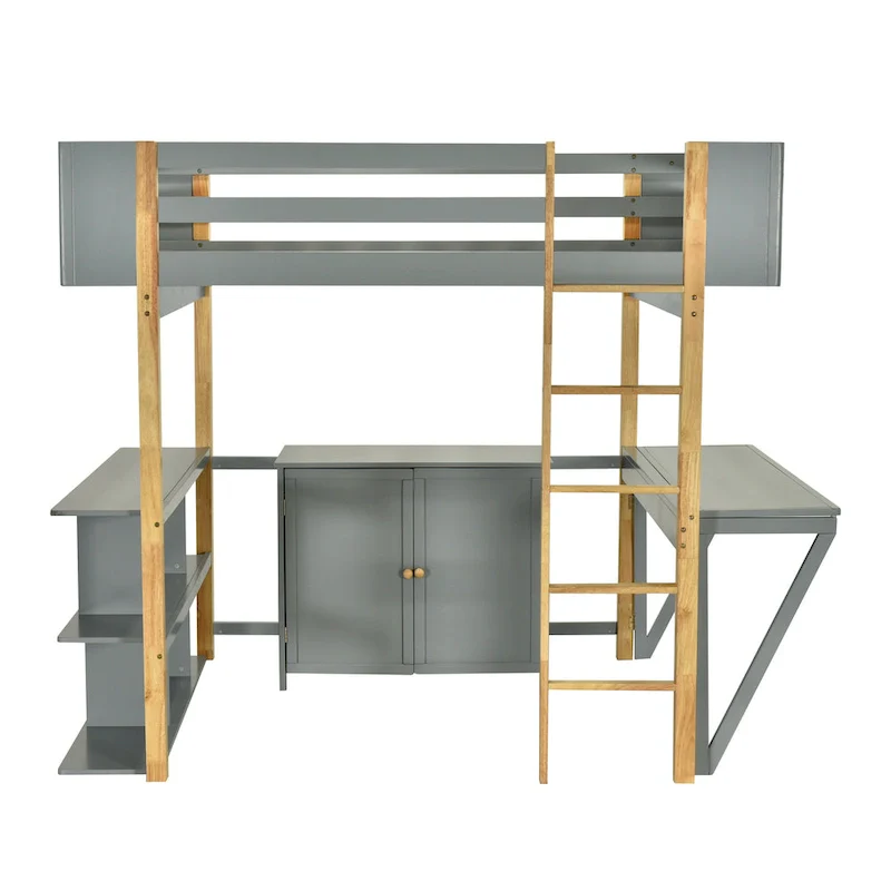 Twin/Full Solid Wood Loft Bed with Foldable Desk & Built-in Storage Cabinet, Two-Tone, Gray/White
