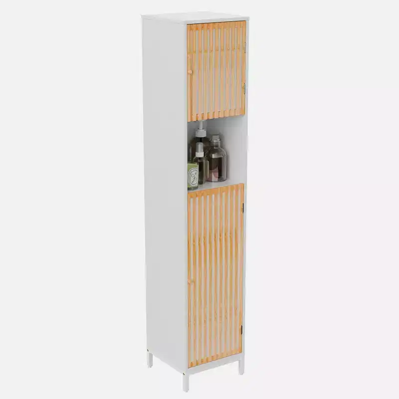 Homy Casa Bathroom Tall Storage Cabinet with Bamboo Slat Doors, Freestanding Slim Organizer, White