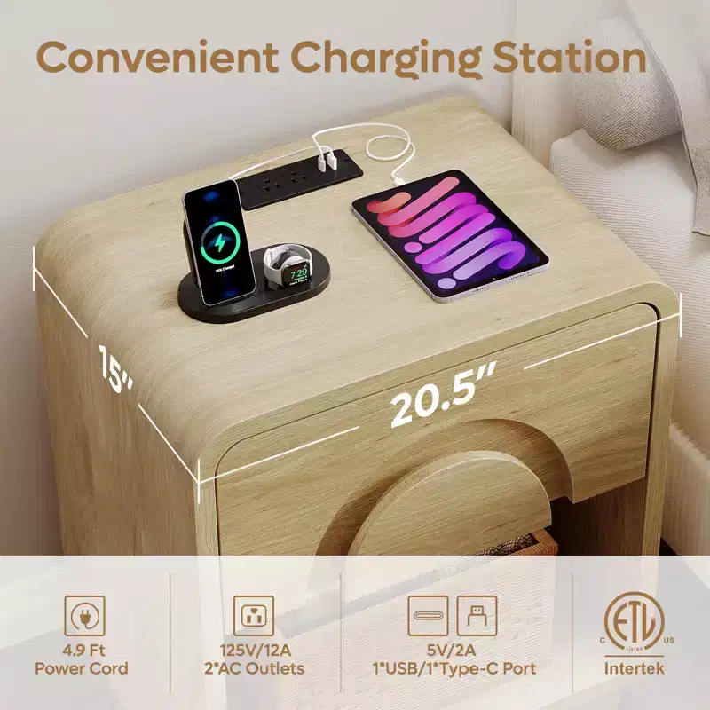 Nightstand with Charging Station, Modern LED End Table Bedside Table with Drawer & Open Shelf for Bedroom & Living Room, Natural Oak