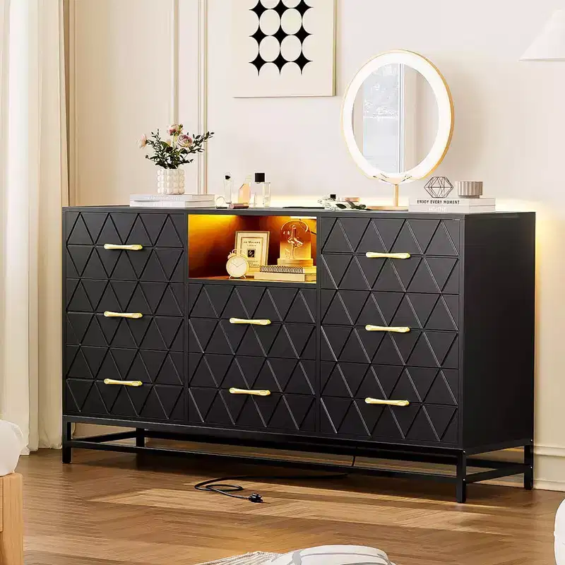 Black 8-Drawer Dresser with LED Lights & Power Outlet – TV Stand Style, Fits 1–2 Users
