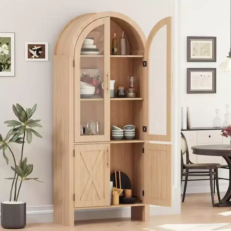 60 Tall Wood Arched Kitchen Pantry, Storage Cabinet with 4 Large Drawers & Adjustable Shelf, Multi-Use Cupboard for Entryway, Kitchen, Living Room
