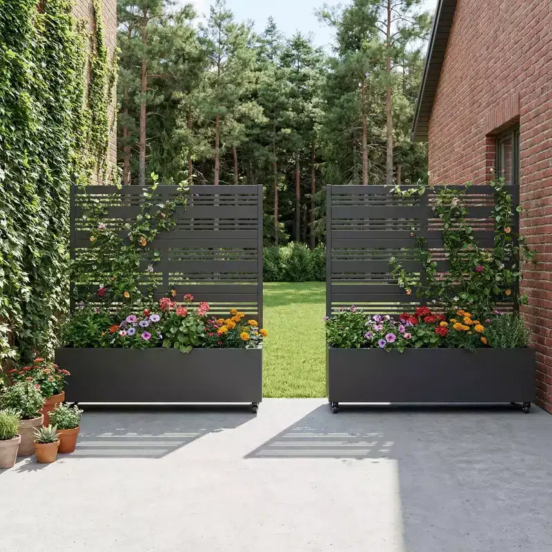 MAYEERTY Black Wrought Iron Planter with Trellis (Harold B Louvered), 47x47x16, 3-Piece Double-Sided Garden Planter