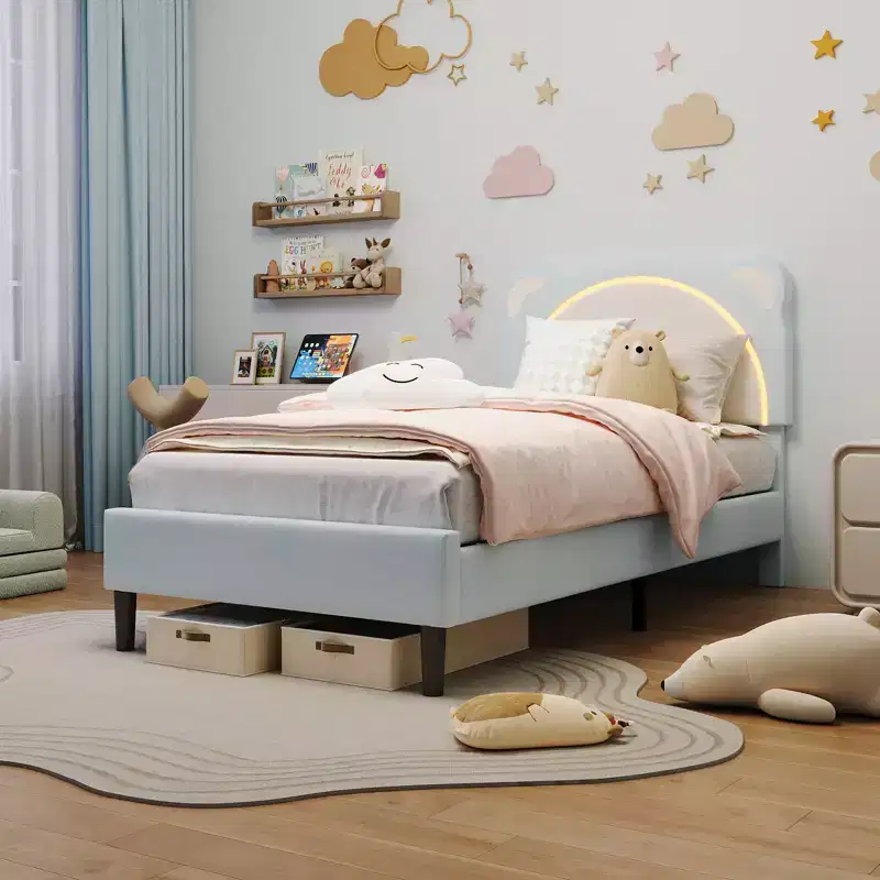 Single bed frame, padded platform bed frame with adjustable headboard and smart LED, wooden slat support, no spring mattress required.
