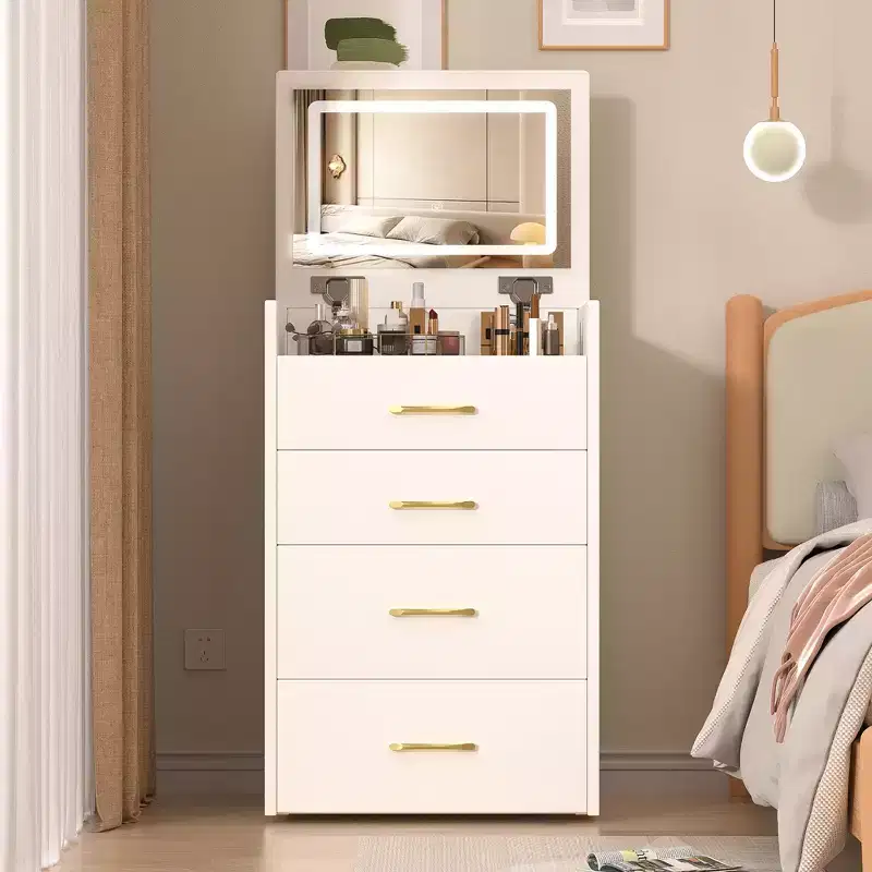 3 in 1 Makeup Vanity Desk Compact Vanity Table Dressing Table with Bench, Lighted Mirror, Drawers & Visible Glass Desktop, White