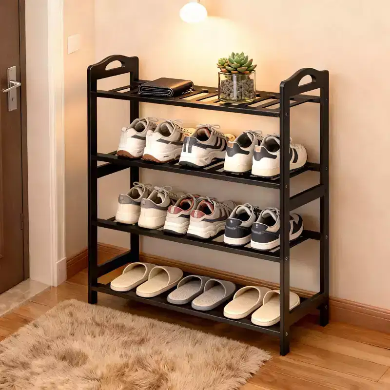 4-Tier Portable Bamboo Shoe Rack 12 Slats Black 26.8 Inch