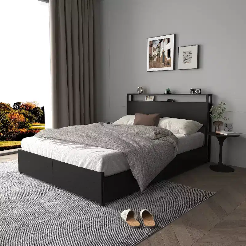 GDFStudio Marias Modern Bed Frame with 6 Drawers and, LED Light and Storage Headboard