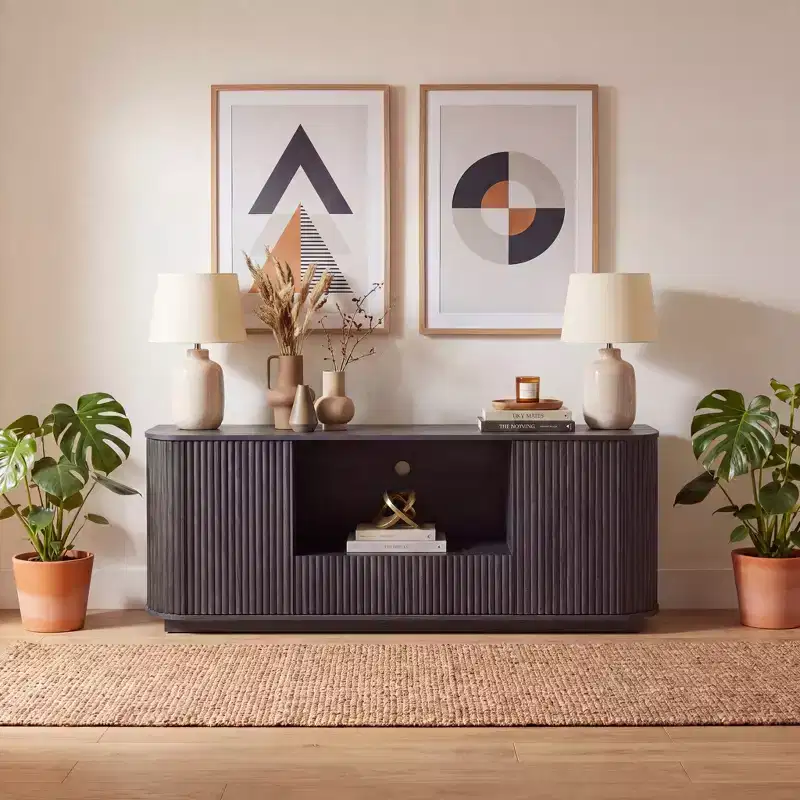 64-Inch Wavy TV Stand, Rounded Sideboard, Storage Cabinet, Wooden Vertical Stripe Cabinet for Living Room/Bedroom/Entryway.