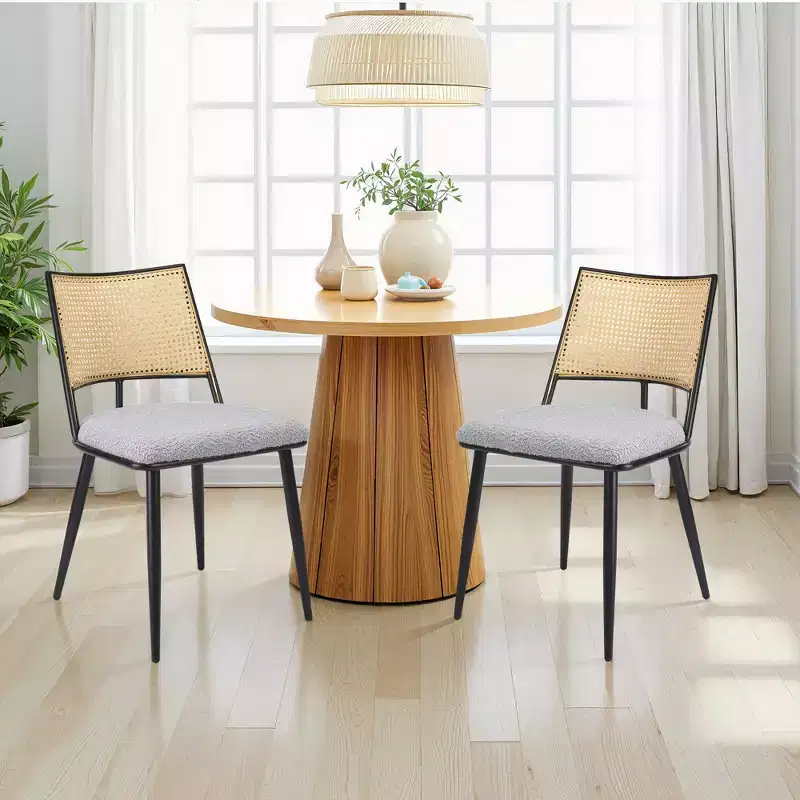 MAYEERTY Dining Chairs Set of 2, Rattan Backrest, Metal Frame, Boucle Upholstery for Living