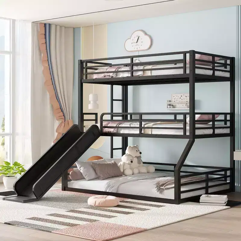 Twin XL over Twin XL over Twin XL Bunk Bed with Slide Metal Triple Bunk Bed with Safety Guardrails Heavy-duty Bunk Bed with Noise-reduced Design Black