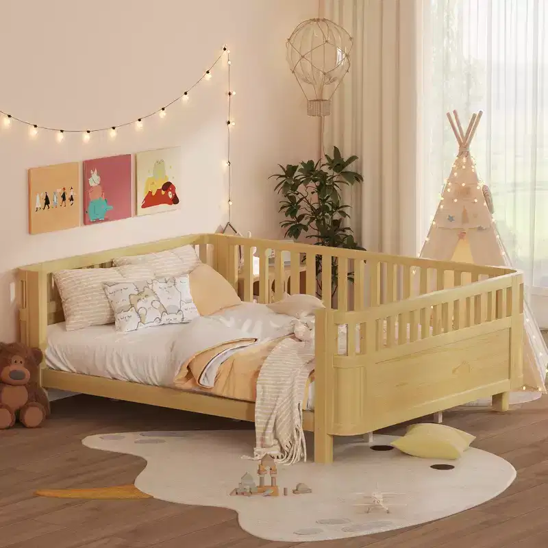 Queen Size Wood Platform Bed Frame with Full Fence Guardrails for Kids - Removable Side Rails