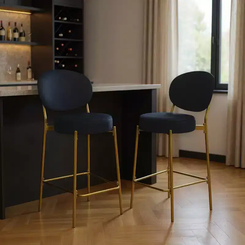 HomeRoots Set of Two 29 Black and Gold Velvet and Metal Low Back Bar Height Bar Chairs