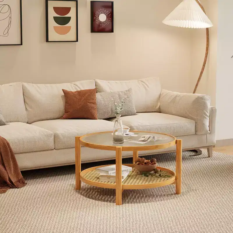 Round 2-Tier Coffee Table, Natural Bamboo & Clear Glass Top