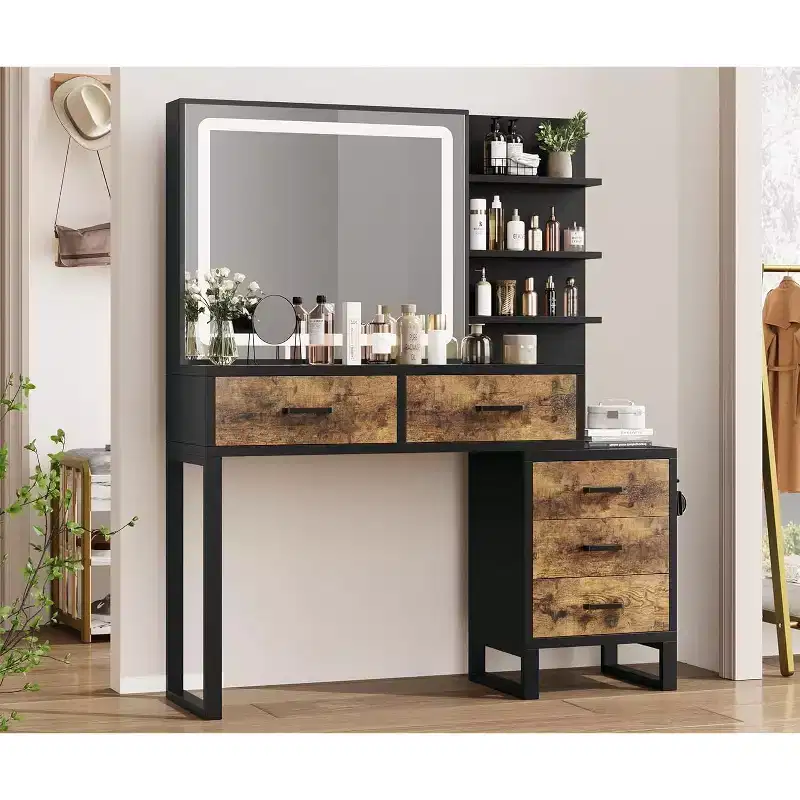 Vanity Desk with LED Mirror, Makeup Vanity Table with Drawers, Cabinet, Dressing Table with Open Storage Shelves for Bedroom, Dressing Room