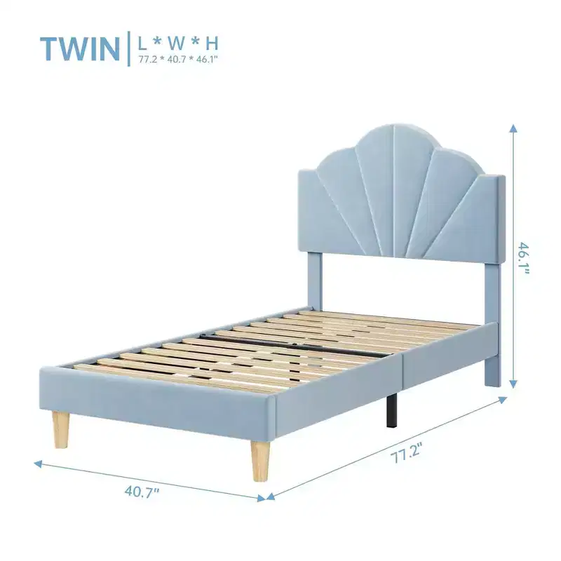 Twin/Twin XL Bed Frame, Velvet Upholstered Platform Bed Frame with Height Adjustable Headboard for Boys and Girls, Wood Slat Support