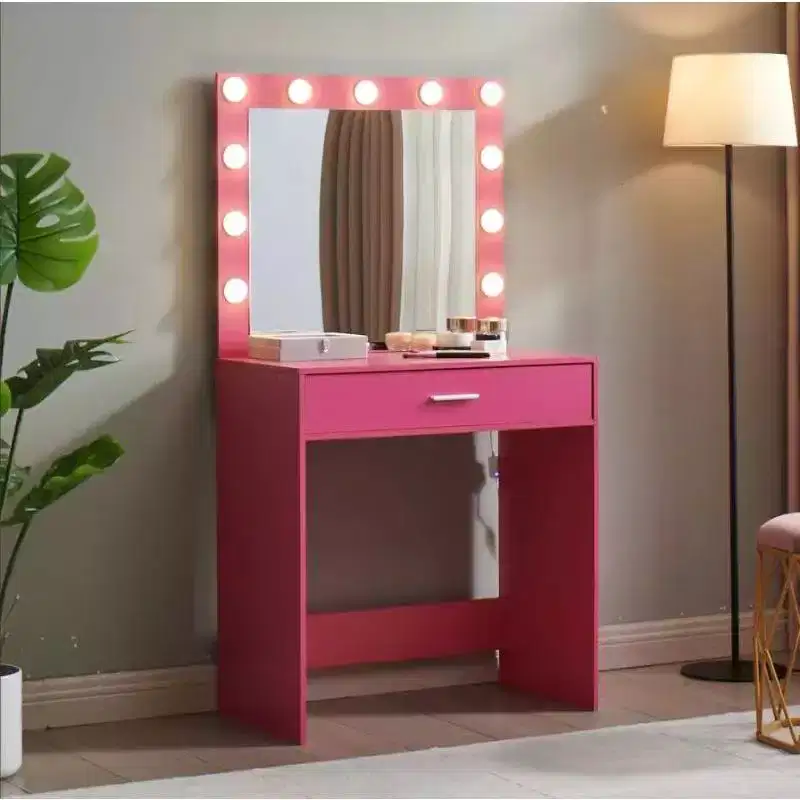 Okak Vanity Table with Spacious Drawers and Lights,Vanity Stool Set with Storage Compartment and 3-Level Adjustable Brightness Lighting,Pink