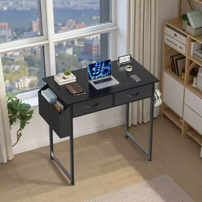MAYEERTY 32in Adjustable Small Computer Desk, Metal Writing Study Table with Storage and Headphone Hook, Home Office
