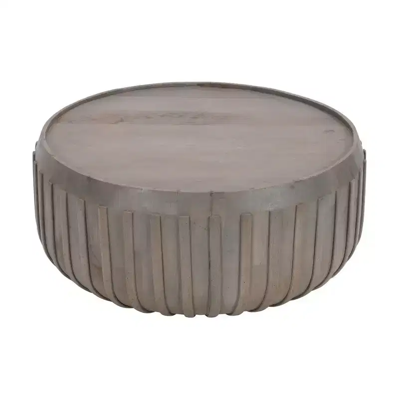 36 Inch Coffee Table, Handcrafted Drum Shape with Ribbed Edges, Mango Wood