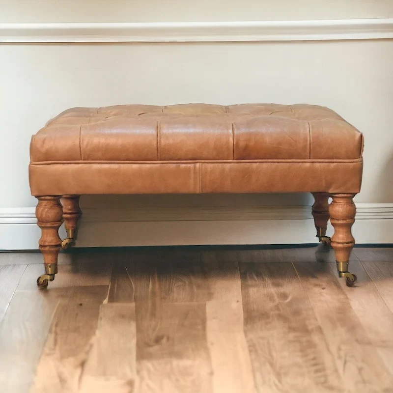 Artisan Furniture Solid Wood Buffalo Tan Leather Ottoman with Castor Legs