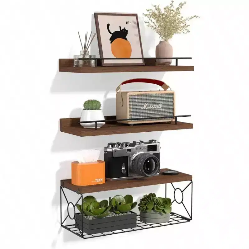 Floating Shelves Wall Set of 3 with Metal Toilet Paper Holder Brown Bathroom Bedroom Living Room Kitchen Office Wall Decor Shelf Dcor