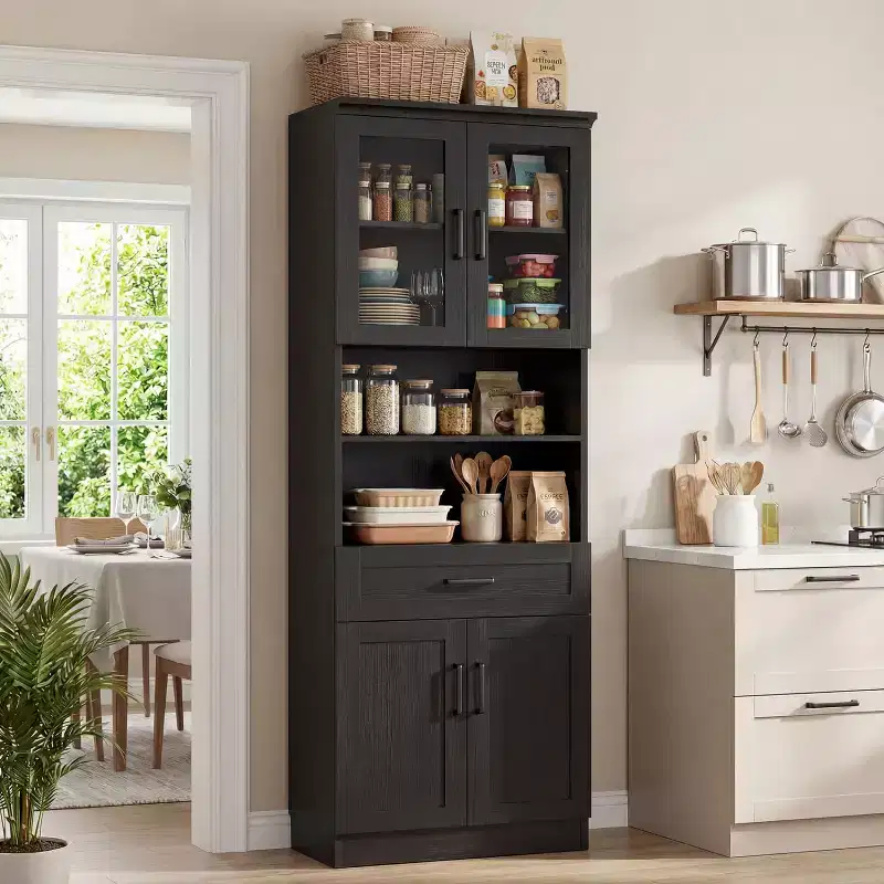Black/White Farmhouse Tall Pantry Cabinet with Glass Doors & Drawer, 1-Person Assembly