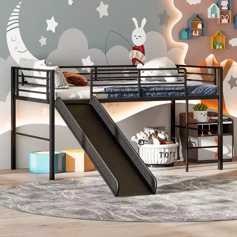 Twin Metal Loft Bed with Slide Guardrails Built-in Ladder Low Bed Frame