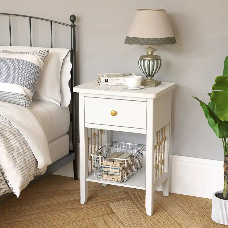 Distressed White End Table with Drawer - 14D x 18W x 26.4H