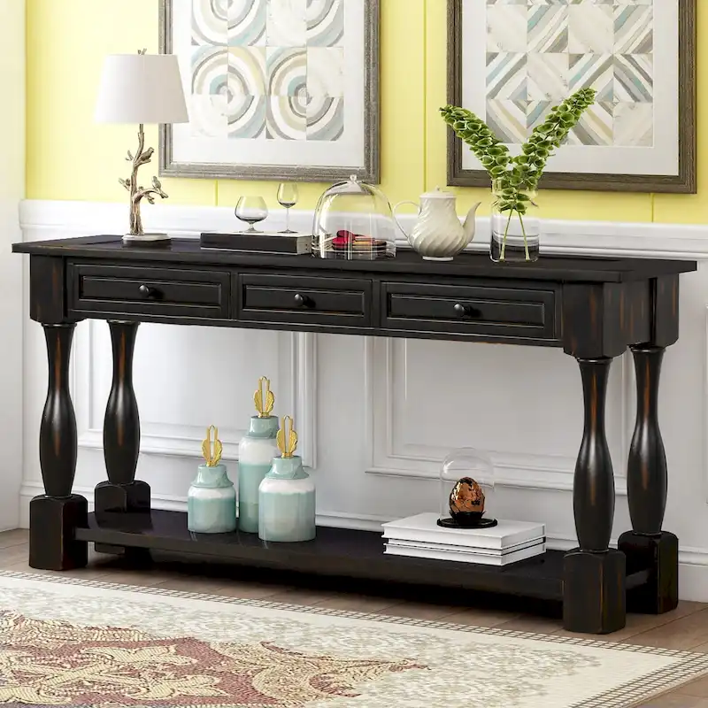 Nestfair 64 in. W Console Table with Drawers and Shelf