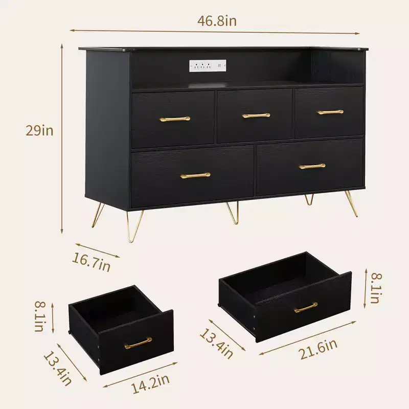 Dresser for Bedroom with 5 Drawers, 47 in Wide Chest of Drawers, Freestanding Storage Organizer