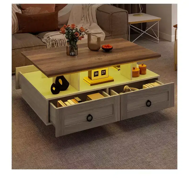 Wood Farmhouse Industrial Cocktail Center LED Coffee Table with Storage 4 Drawers For Living Room