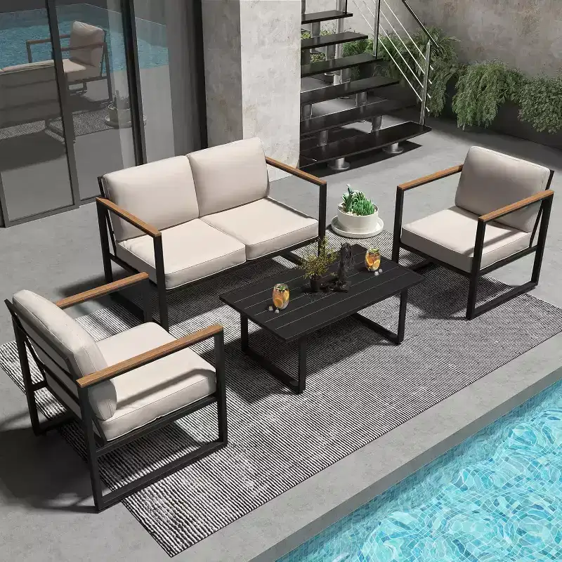 4-Piece Metal Patio Furniture Set | All Weather Outdoor Conversation Set with Thick Cushions and Coffee Table | Ideal for Backyard,Balcony,Courtyard
