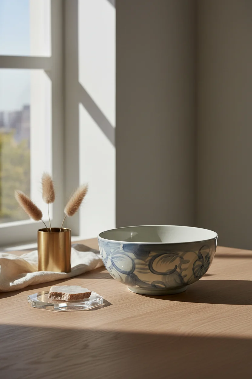 Chinese Ceramic Blue & White Bowl with Hand-Painted Floral Motif for Living Room & Dining Room