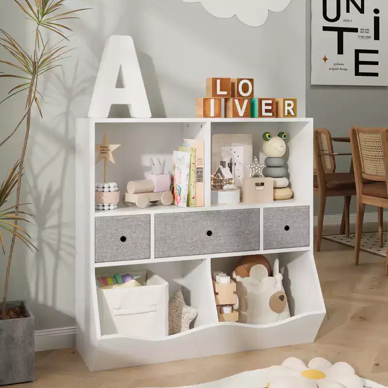 Kids Toy Storage Organizer with 3 Movable Drawers and 5-Section Bookshelf - 3-Tier Large Toy Cabinet for Playroom, Kindergarten, and School