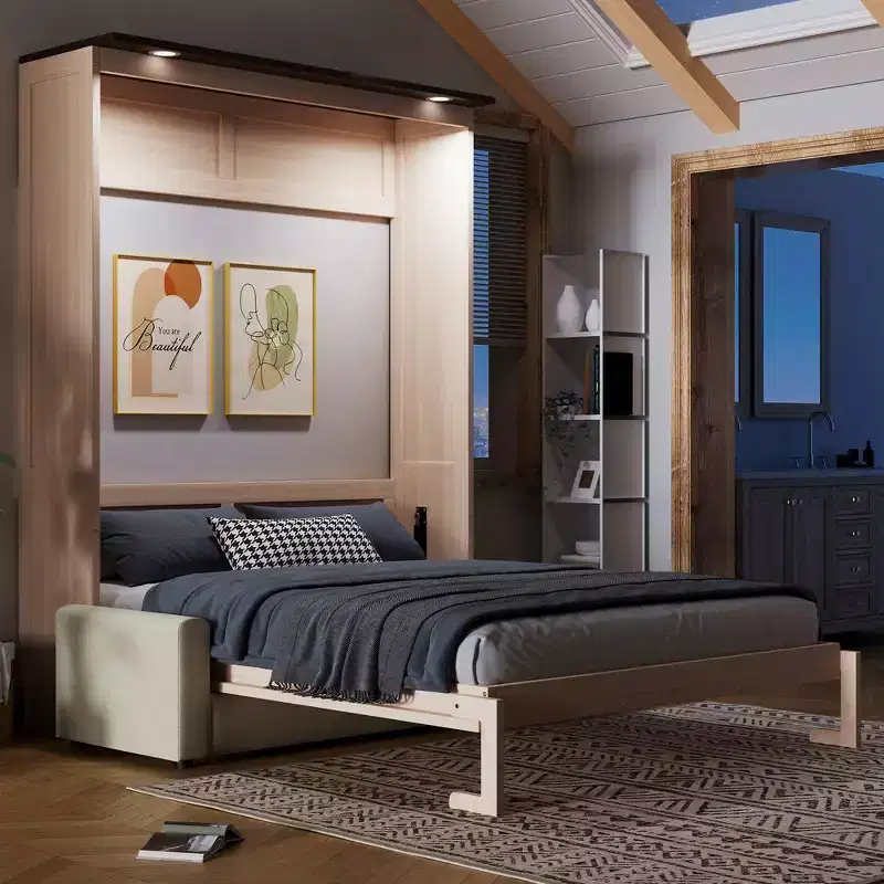 Queen Murphy Bed with Sofa and LED Lights - Pine & MDF, 600 lb Capacity