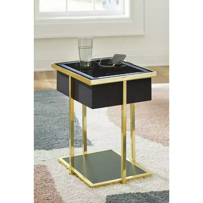 Signature Design by Ashley Rexwell Smart Accent Table with Bluetooth Speaker & Wireless Charging, Black & Gold Finish