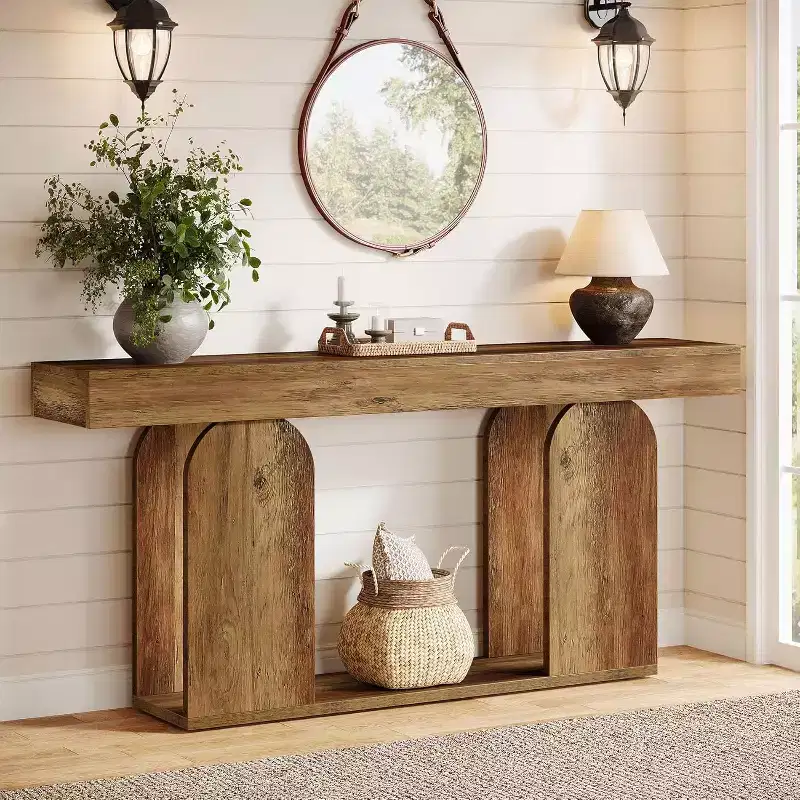 Lantine 70.9-inch extra long farmhouse console table with 2-tier wooden storage shelf, suitable for hallway, living room, entrance, vintage brown.