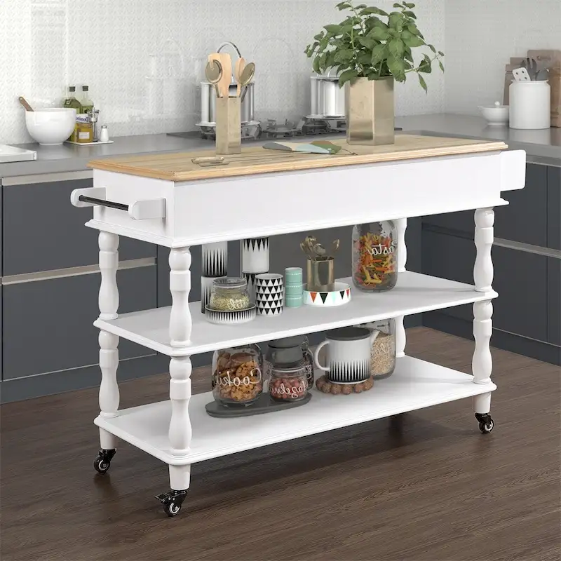 Rolling OAK Wood Top Kitchen Cart with Wine Rack and 2 Drawers