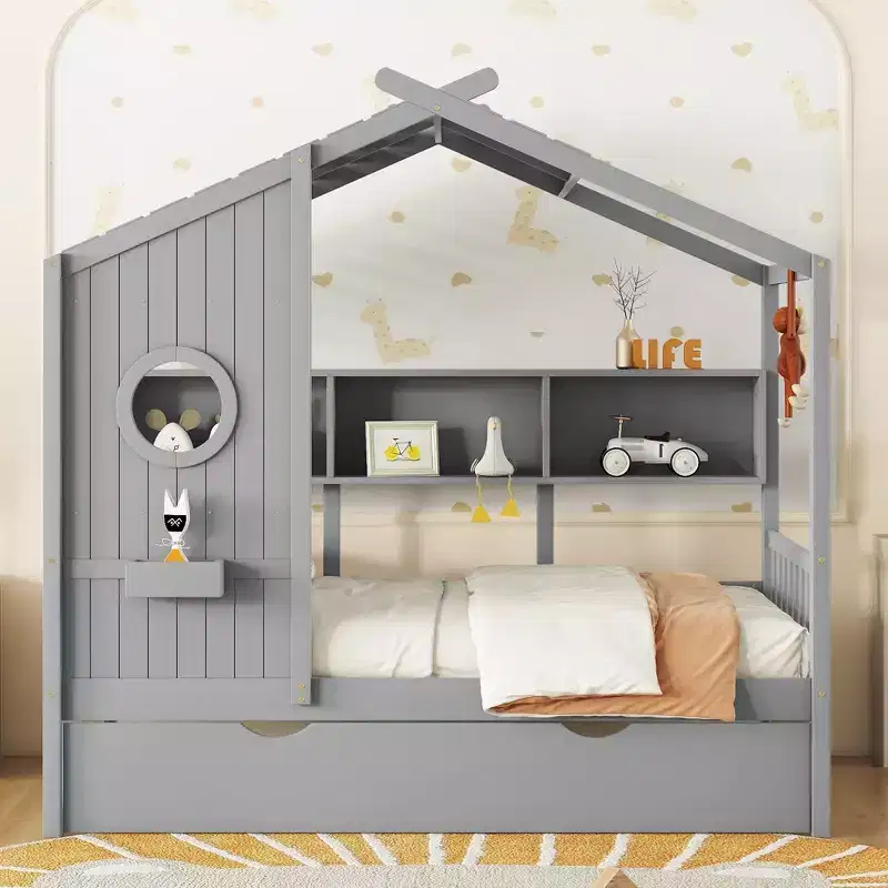 Twin/Full Size Wood House Platform Bed with Trundle and Storage Shelf for Kids, 4Q -ModernLuxe