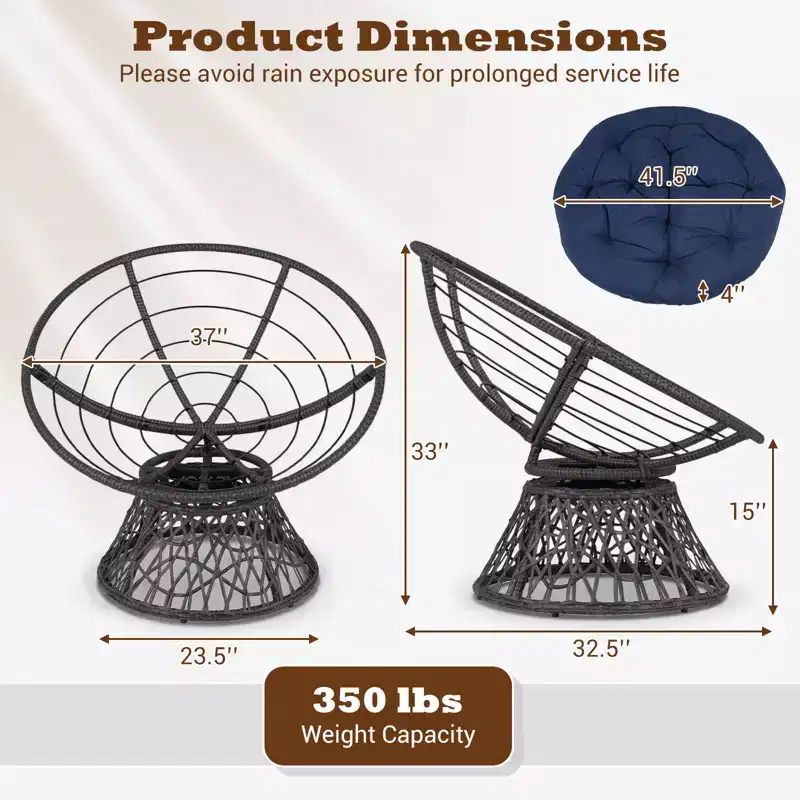 Gymax 360-DegreeSwivel Papasan Chair Round Wicker Lounge Chair w/Thick Cushion&Metal Frame