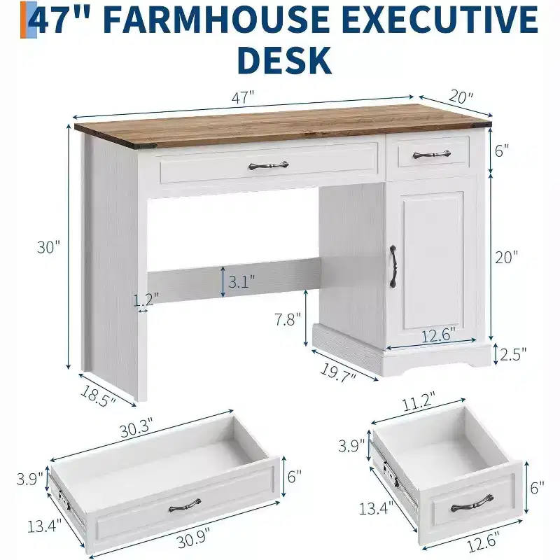 Acekool 47 Executive Farmhouse Desk with Drawers and Storage Cabinet, Rustic Home Office Computer Desk in Antique White