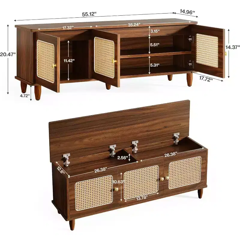 Lantine 55 Rustic Brown Lift Top Shoe Bench with 2-Tier Storage, Rattan Doors, Hidden Storage & Seat for Entryway, Hallway, Living Room.