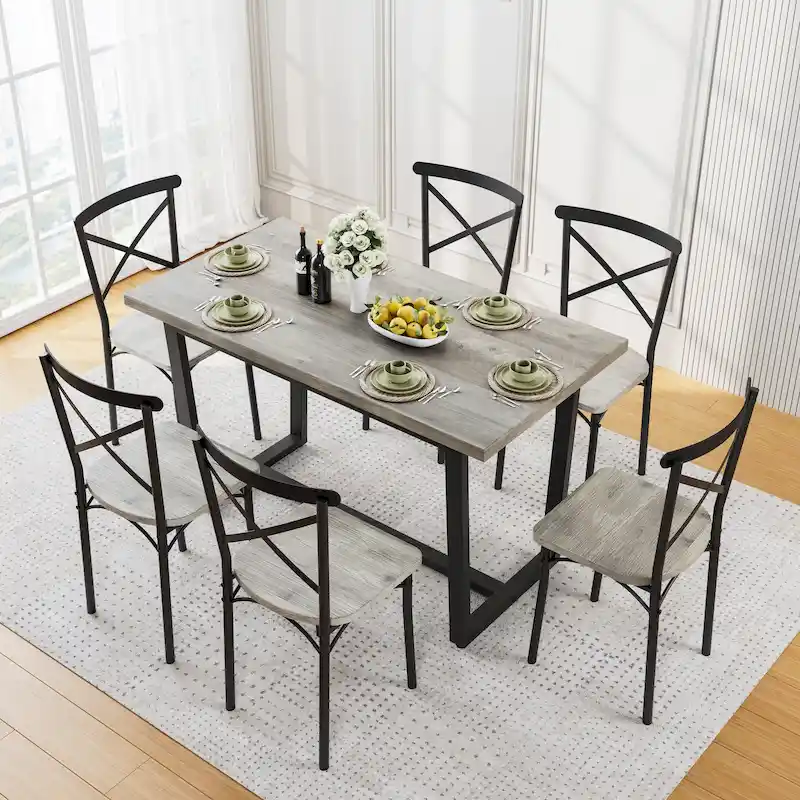 Modern Style 7-Piece Dining Set with Rectangular Table and 6 Cross Back Dining Chairs