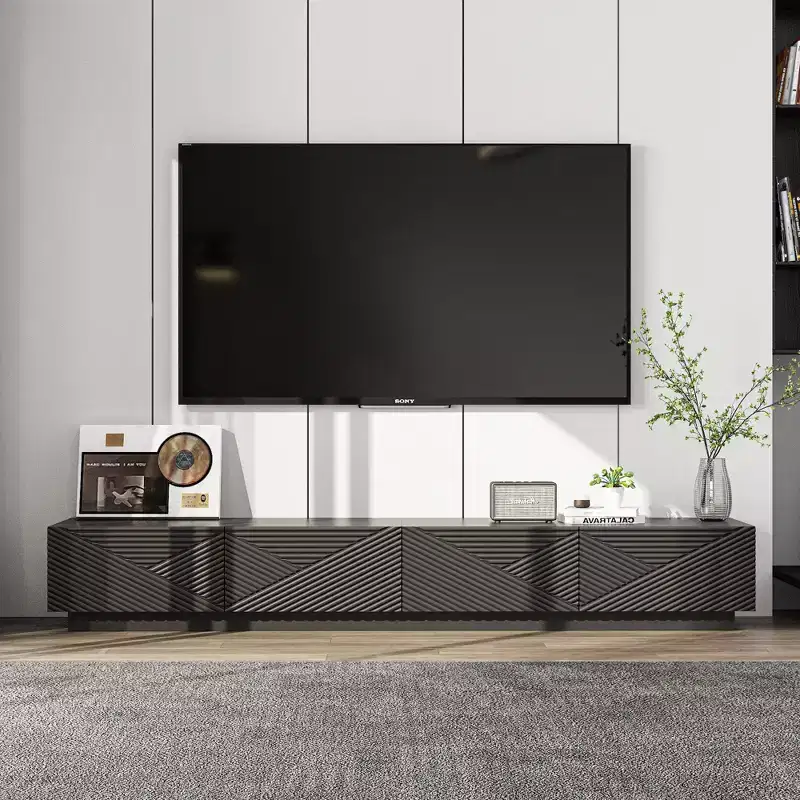 Famapy Black Geometric - Patterned TV Stand for 78 Inch TVs,Modern Entertainment Center with Lift - Up Doors, Storage Cabinets for Your Living Room
