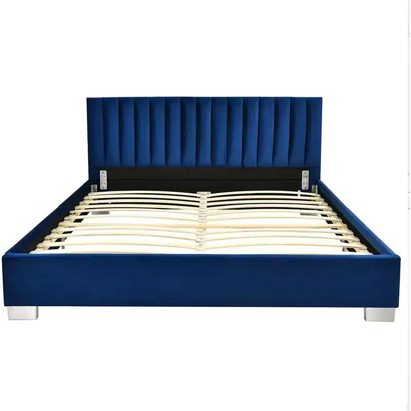 Upholstered Bed Frame Full Size Modern Platform Bed with Vertical Channel Headboard No Box Spring Needed Navy/Grey