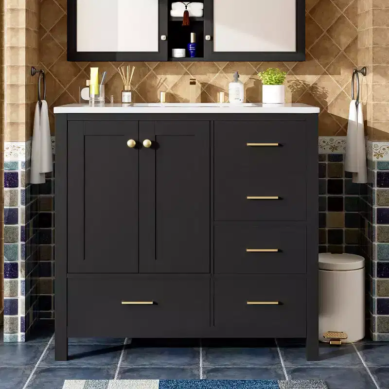 Chic Crate-36In Bathroom Vanity  Ceramic Sink w/4 Drawers & Soft-Close Doors | Solid Wood Frame | Freestanding | Black